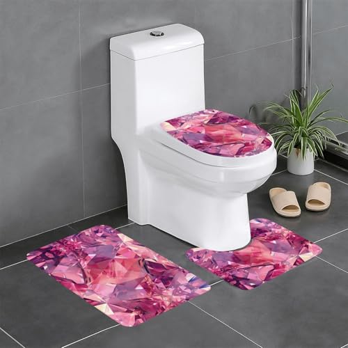 3-teiliges Badezimmerteppich-Set mit rosa Rautenmuster, Badteppiche, Badezimmermatten, U-förmiger WC-Vorleger, O-förmiger Deckelbezug von LEVNDIEJ