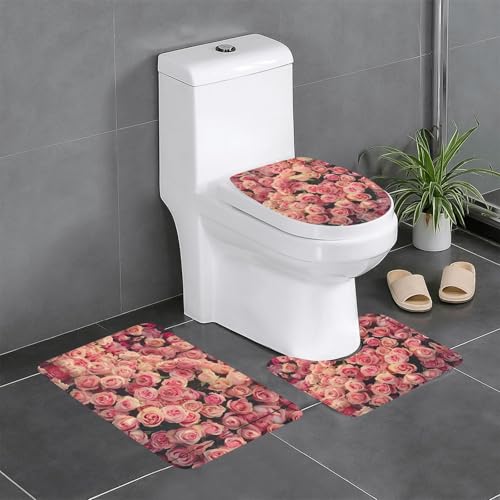 3-teiliges Badezimmerteppich-Set mit rosa Rose, Badematte, U-förmiger Toilettenvorleger, O-förmiger Deckelbezug von LEVNDIEJ