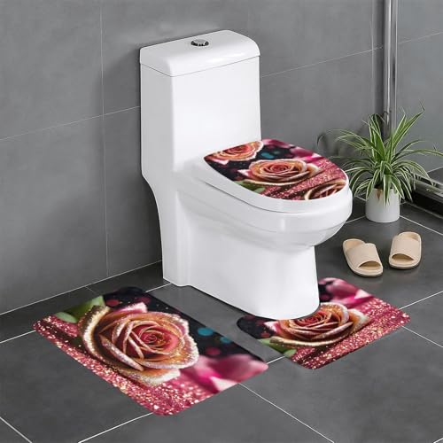 3-teiliges Badezimmerteppich-Set mit rosa Rosenmuster, Badteppiche, Badezimmermatten, U-förmiger WC-Vorleger, O-förmiger Deckelbezug 3-teiliges Badezimmerteppich-Set mit rosa Rosenmuster, Badteppiche, Badezimmermatten, U-förmiger WC-Vorleger, O-förmiger Deckelbezug von LEVNDIEJ