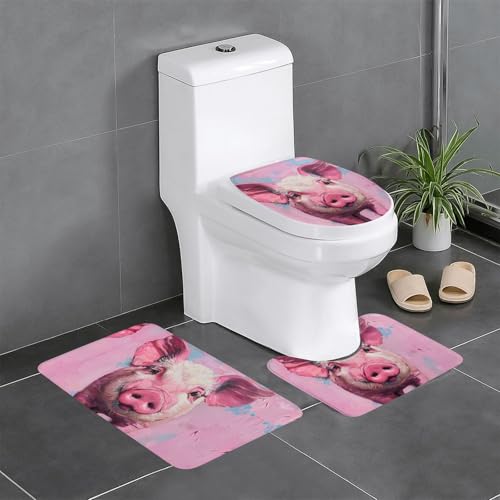 3-teiliges Badezimmerteppich-Set mit rosa Schweine-Druck, Badteppiche, Badezimmermatten, U-förmiger WC-Vorleger, O-förmiger Deckelbezug 3-teiliges Badezimmerteppich-Set mit rosa Schweine-Druck, Badteppiche, Badezimmermatten, U-förmiger WC-Vorleger, O-förmiger Deckelbezug von LEVNDIEJ