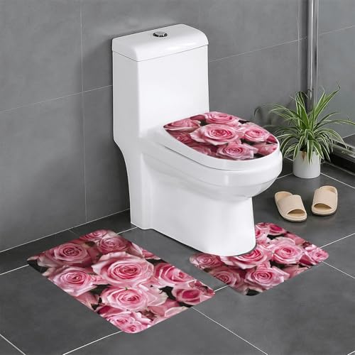 3-teiliges Badezimmerteppich-Set mit rosa frischen Rosen, Badteppiche, Badezimmermatten, U-förmiger WC-Vorleger, O-förmiger Deckelbezug von LEVNDIEJ