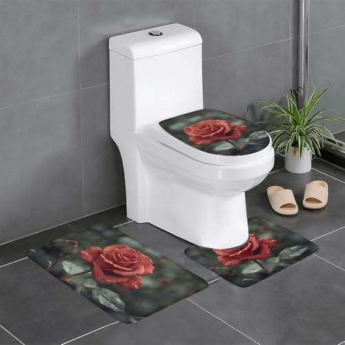 3-teiliges Badezimmerteppich-Set mit rotem Rosenmuster, Badteppiche, Badezimmermatten, U-förmiger Toilettenvorleger, O-förmiger Deckelbezug 3-teiliges Badezimmerteppich-Set mit rotem Rosenmuster, Badteppiche, Badezimmermatten, U-förmiger Toilettenvorleger, O-förmiger Deckelbezug von LEVNDIEJ