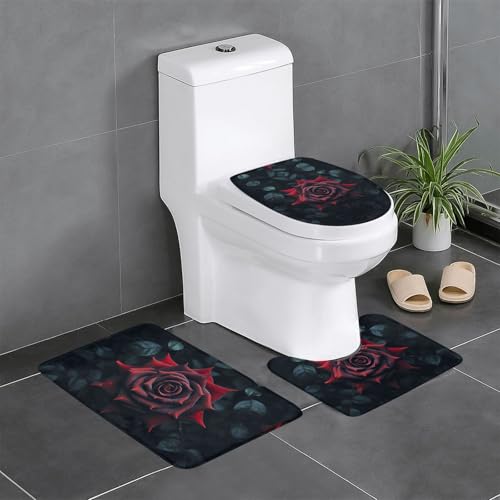 3-teiliges Badezimmerteppich-Set mit roten Rosen und schwarzen Blättern, Badteppich-Set, U-förmiger Toilettenvorleger, O-förmiger Deckelbezug von LEVNDIEJ