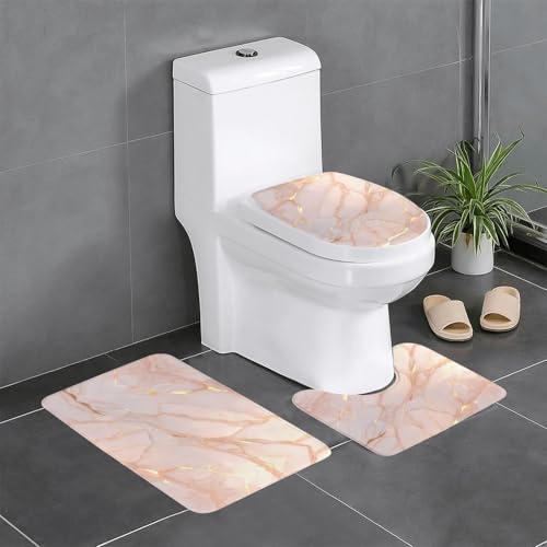 3-teiliges Badezimmerteppich-Set mit rotgoldenem Marmor-Druck, Badteppiche, Badezimmermatten, U-förmiger WC-Vorleger, O-förmiger Deckelbezug von LEVNDIEJ