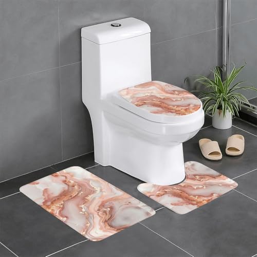 3-teiliges Badezimmerteppich-Set mit rotgoldenem Marmor-Motiv, Badezimmerteppich, U-förmiger Toilettenvorleger, O-förmiger Deckelbezug 3-teiliges Badezimmerteppich-Set mit rotgoldenem Marmor-Motiv, Badezimmerteppich, U-förmiger Toilettenvorleger, O-förmiger Deckelbezug von LEVNDIEJ