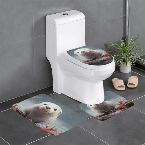 3-teiliges Badezimmerteppich-Set mit weißem Otter-Druck, Badteppiche, Badezimmermatten, U-förmiger WC-Vorleger, O-förmiger Deckelbezug 3-teiliges Badezimmerteppich-Set mit weißem Otter-Druck, Badteppiche, Badezimmermatten, U-förmiger WC-Vorleger, O-förmiger Deckelbezug von LEVNDIEJ