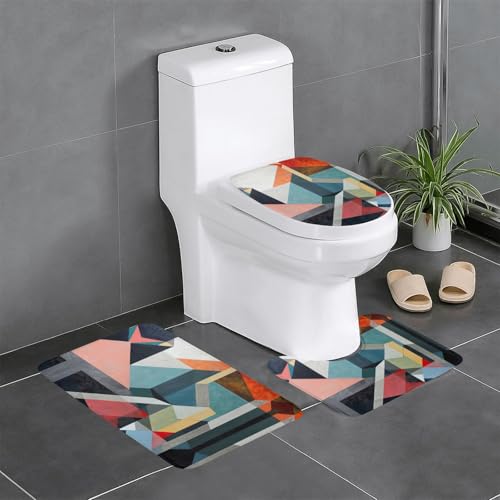 Abstrakter geometrischer Druck, 3-teiliges Badezimmerteppich-Set, Badteppiche, Badezimmermatten, U-förmiger WC-Vorleger, O-förmiger Deckelbezug von LEVNDIEJ