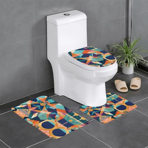 Abstrakter geometrischer Druck, 3-teiliges Badezimmerteppich-Set, Badteppiche, Badezimmermatten, U-förmiger WC-Vorleger, O-förmiger Deckelbezug von LEVNDIEJ