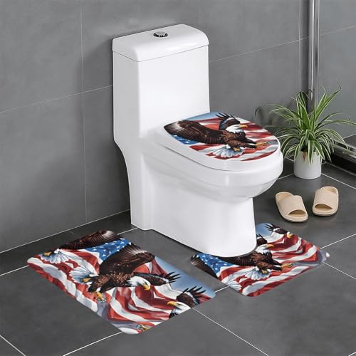 Adler mit USA-Flagge, 3-teiliges Badezimmerteppich-Set, Badteppich, Badezimmermatten, U-förmiger WC-Vorleger, O-förmiger Deckelbezug von LEVNDIEJ