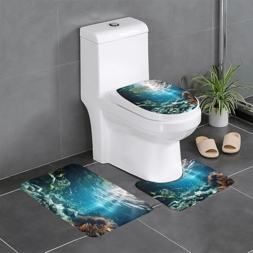 Badezimmerteppich-Set, Motiv: ruhige Unterwasserlandschaft, 3-teilig, Badteppich, Badezimmermatten, U-förmiger WC-Vorleger, O-förmiger Deckelbezug von LEVNDIEJ
