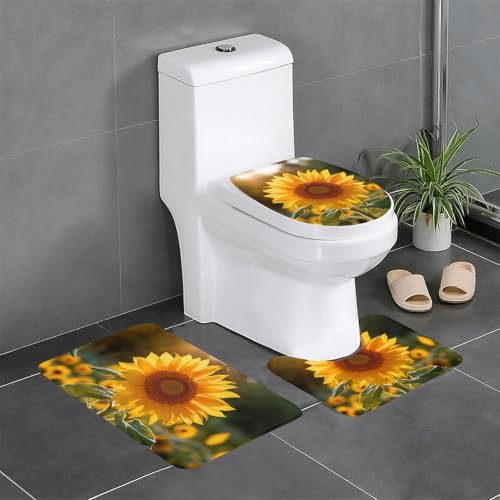 Badezimmerteppich-Set, klein, Gänseblümchen-Druck, 3-teilig, Badteppich, Badezimmermatten, U-förmiger Toilettenvorleger, O-förmiger Deckelbezug von LEVNDIEJ
