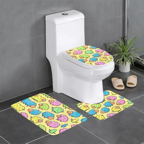 Badezimmerteppich-Set, niedliches buntes Schaf, Cartoon-Muster, 3-teilig, Badteppich, Badezimmermatten, U-förmiger WC-Vorleger, O-förmiger Deckelbezug von LEVNDIEJ