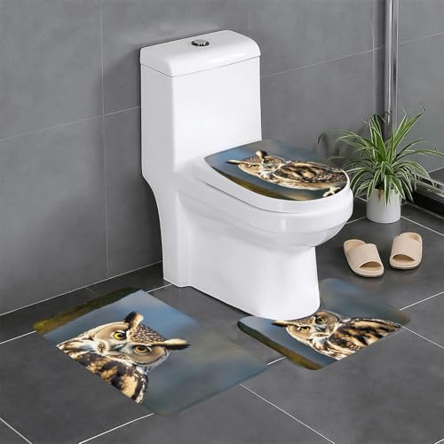Badezimmerteppich-Set mit niedlichem braunem Cartoon-Eulen-Druck, 3-teilig, Badteppich-Set, Badezimmermatten, U-förmiger Toilettenvorleger, O-förmiger Deckelbezug von LEVNDIEJ