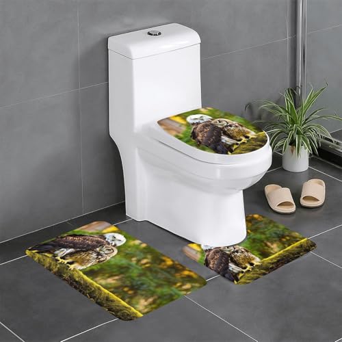 Badezimmerteppich-Set mit niedlichem braunem Cartoon-Eulen-Druck, 3-teilig, Badteppich-Set, Badezimmermatten, U-förmiger Toilettenvorleger, O-förmiger Deckelbezug von LEVNDIEJ