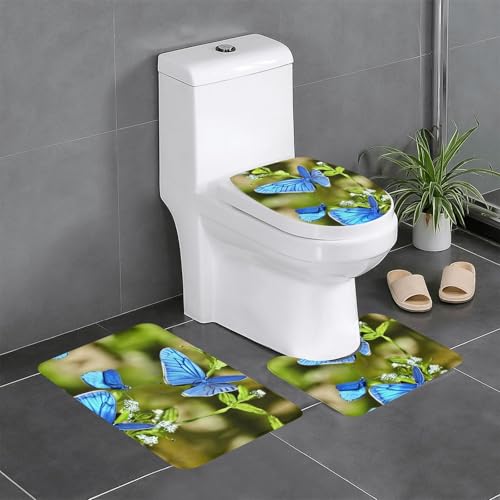 Badteppich-Set, Motiv: Schmetterlinge und Blüten, 3-teilig, U-förmiger Toilettenvorleger, O-förmiger Deckelbezug von LEVNDIEJ