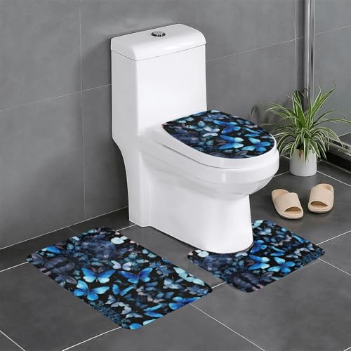 Badteppich-Set, Motiv: blaue Schmetterlinge, weiße Blumen, 3-teilig, Badteppich, Badezimmermatten, U-förmiger WC-Vorleger, O-förmiger Deckelbezug Badteppich-Set, Motiv: blaue Schmetterlinge, weiße Blumen, 3-teilig, Badteppich, Badezimmermatten, U-förmiger WC-Vorleger, O-förmiger Deckelbezug von LEVNDIEJ