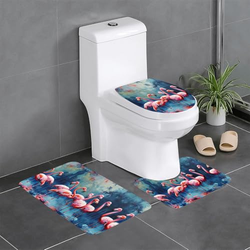 Badteppich-Set, Motiv: viele Flamingos, 3-teilig, Badteppich, Badezimmermatten, U-förmige WC-Vorleger, O-förmiger Deckelbezug Badteppich-Set, Motiv: viele Flamingos, 3-teilig, Badteppich, Badezimmermatten, U-förmige WC-Vorleger, O-förmiger Deckelbezug von LEVNDIEJ