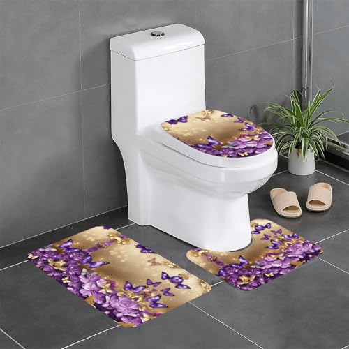 Badteppich-Set, violett, Schmetterlings-Druck, 3-teilig, Badteppich, Badezimmermatten, U-förmiger Toilettenvorleger, O-förmiger Deckelbezug von LEVNDIEJ
