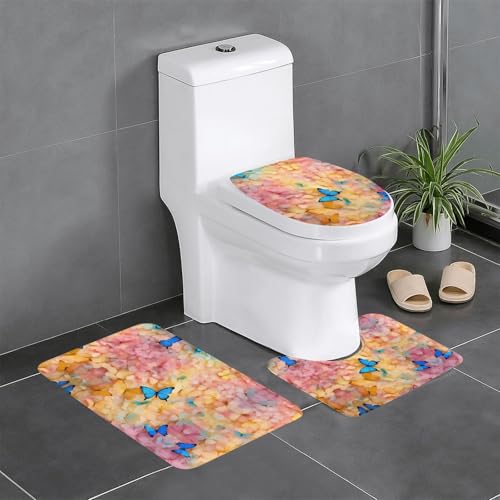 Badteppich-Set mit Schmetterlingsdruck, 3-teilig, Badteppiche, Badezimmermatten, U-förmiger WC-Vorleger, O-förmiger Deckelbezug von LEVNDIEJ