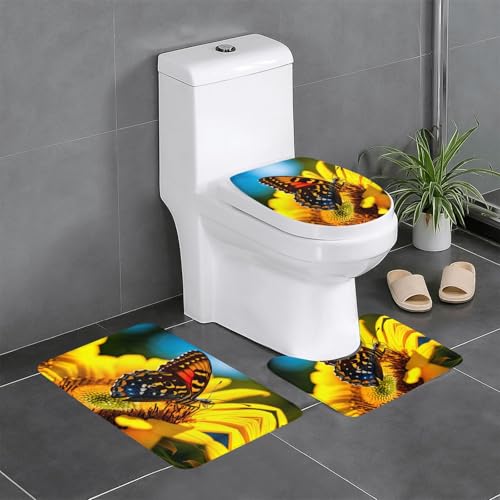 Badteppich-Set mit Schmetterlingsmotiv, 3-teiliges Set, Badteppiche, Badezimmermatten, U-förmiger WC-Vorleger, O-förmiger Deckelbezug von LEVNDIEJ