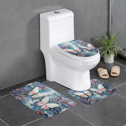 Badteppich-Set mit Schmetterlingssteindruck, 3-teilig, Badteppiche, Badezimmermatten, U-förmiger WC-Vorleger, O-förmiger Deckelbezug von LEVNDIEJ