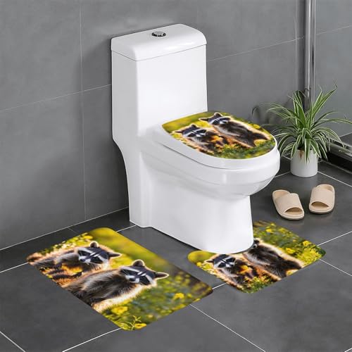 Badteppich-Set mit niedlichem Waschbär-Druck, 3-teilig, Badteppich, Badezimmermatten, U-förmiger Toilettenvorleger, O-förmiger Deckelbezug von LEVNDIEJ