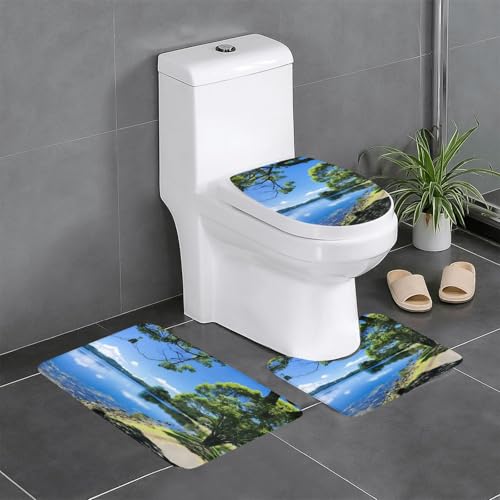 Badteppich-Set mit schönem Pool-See-Aufdruck, 3-teilig, Badteppich, Badezimmermatten, U-förmiger WC-Vorleger, O-förmiger Deckelbezug von LEVNDIEJ