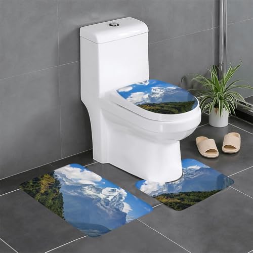 Badteppich-Set mit verschneiten Bergen, 3-teiliges Set, Badteppiche, Badezimmermatten, U-förmiger WC-Vorleger, O-förmiger Deckelbezug von LEVNDIEJ