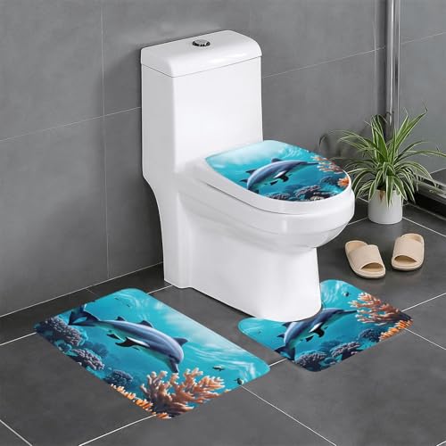 Beautiful Underwater World Delfine Coral Print 3-teiliges Badezimmerteppich-Set, Badteppiche, Badezimmermatten, U-förmiger WC-Vorleger, O-förmiger Deckelbezug von LEVNDIEJ
