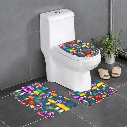 Bright Mushrooms Kunstdruck, 3-teiliges Badezimmerteppich-Set, Badteppich, Badezimmermatten, U-förmiger WC-Vorleger, O-förmiger Deckelbezug von LEVNDIEJ