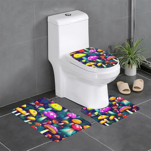 Bright Mushrooms Kunstdruck 3-teiliges Badezimmerteppich-Set, Badteppiche, Badezimmermatten, U-förmiger WC-Vorleger, O-förmiger Deckelbezug von LEVNDIEJ
