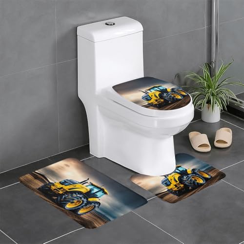 Company 3-teiliges Badezimmerteppich-Set, Motiv: Bauernhof, Traktor, Badteppich, Badezimmermatten, U-förmiger WC-Vorleger, O-förmiger Deckelbezug von LEVNDIEJ