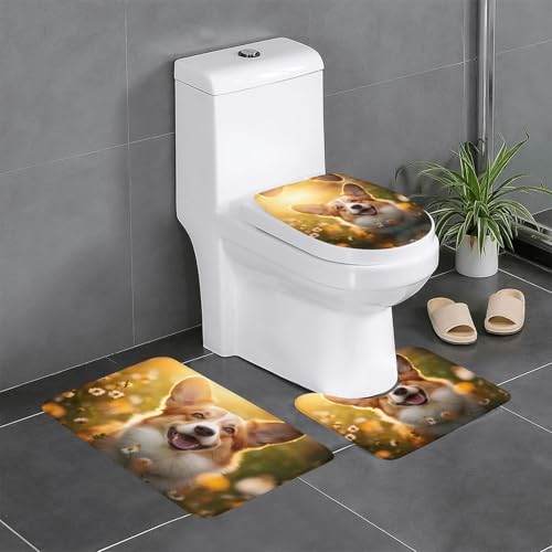 Corgi 3-teiliges Badezimmerteppich-Set mit Blumenmuster, Badteppiche, Badezimmermatten, U-förmiger WC-Vorleger, O-förmiger Deckelbezug Corgi 3-teiliges Badezimmerteppich-Set mit Blumenmuster, Badteppiche, Badezimmermatten, U-förmiger WC-Vorleger, O-förmiger Deckelbezug von LEVNDIEJ