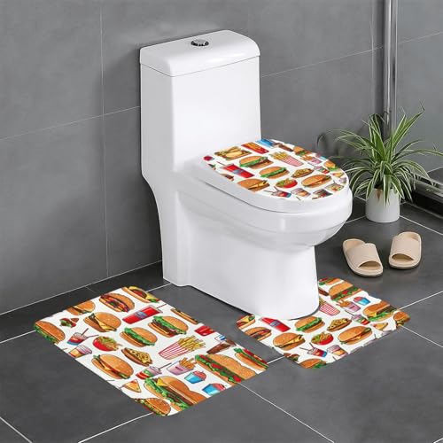 Fast Food Print 3-teiliges Badezimmerteppich-Set, Badteppiche, Badezimmermatten, U-förmiger Toilettenvorleger, O-förmiger Deckelbezug Fast Food Print 3-teiliges Badezimmerteppich-Set, Badteppiche, Badezimmermatten, U-förmiger Toilettenvorleger, O-förmiger Deckelbezug von LEVNDIEJ