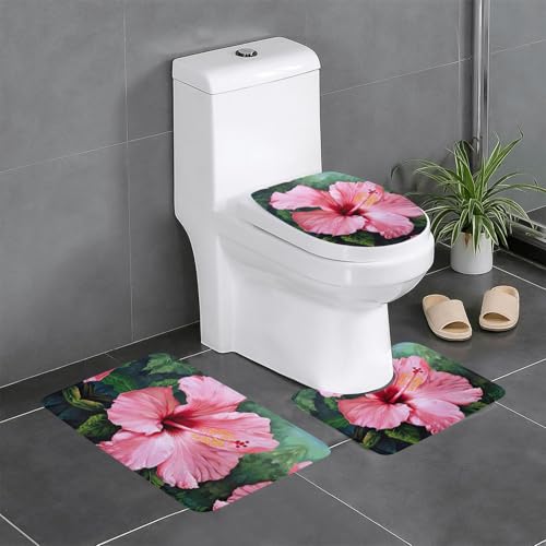 Hawaii Rosa Blumendruck 3-teiliges Badezimmerteppich-Set Badteppiche Badezimmermatten U-förmige WC-Vorleger O-förmiger Deckelbezug von LEVNDIEJ