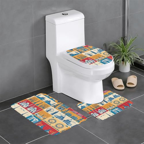 I Love London Print 3-teiliges Badezimmerteppich-Set, Badteppiche, Badezimmermatten, U-förmiger WC-Vorleger, O-förmiger Deckelbezug von LEVNDIEJ