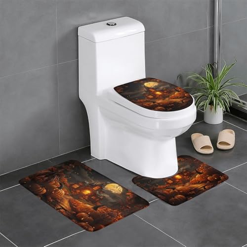 Kürbis-Halloween-Druck, 3-teiliges Badezimmerteppich-Set, Badteppiche, Badezimmermatten, U-förmige WC-Vorleger, O-förmiger Deckelbezug Kürbis-Halloween-Druck, 3-teiliges Badezimmerteppich-Set, Badteppiche, Badezimmermatten, U-förmige WC-Vorleger, O-förmiger Deckelbezug von LEVNDIEJ