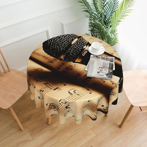 LEVNDIEJ Runde Tischdecke mit Mikrofon mit Musiknoten-Druck, für drinnen und draußen, Picknick-Tischdecke, Küche, Terrasse, Party von LEVNDIEJ
