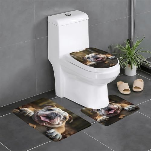 Lustiges 3-teiliges Badezimmerteppich-Set mit englischem Bulldoggen-Druck, Badteppich, Badezimmermatten, U-förmiger Toilettenvorleger, O-förmiger Deckelbezug Lustiges 3-teiliges Badezimmerteppich-Set mit englischem Bulldoggen-Druck, Badteppich, Badezimmermatten, U-förmiger Toilettenvorleger, O-förmiger Deckelbezug von LEVNDIEJ