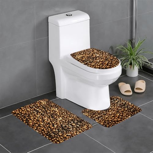 Lustiges 3-teiliges Badezimmerteppich-Set mit geröstetem Kaffeebohnen-Druck, Badteppich-Set, Badezimmermatten, U-förmiger Toilettenvorleger, O-förmiger Deckelbezug Lustiges 3-teiliges Badezimmerteppich-Set mit geröstetem Kaffeebohnen-Druck, Badteppich-Set, Badezimmermatten, U-förmiger Toilettenvorleger, O-förmiger Deckelbezug von LEVNDIEJ