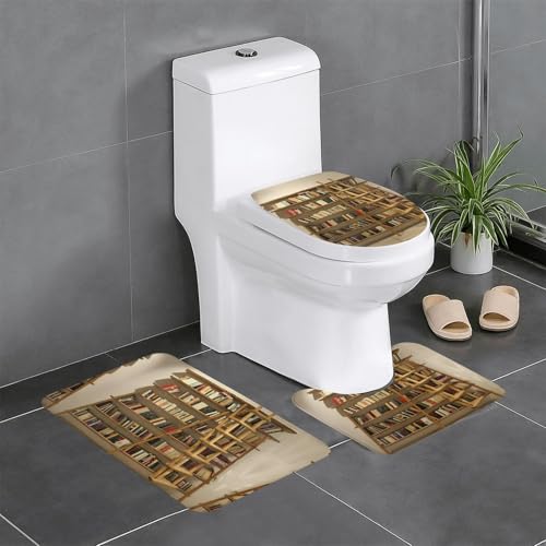 Lustiges Bücherregal-Kollektion und Leiteraufdruck, 3-teiliges Badezimmerteppich-Set, Badteppiche, Badezimmermatten, U-förmiger WC-Vorleger, O-förmiger Deckelbezug von LEVNDIEJ