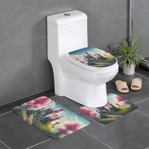 Magic Fairy Tale Castle01 3-teiliges Badezimmerteppich-Set, Badteppiche, Badezimmermatten, U-förmiger Toilettenvorleger, O-förmiger Deckelbezug von LEVNDIEJ