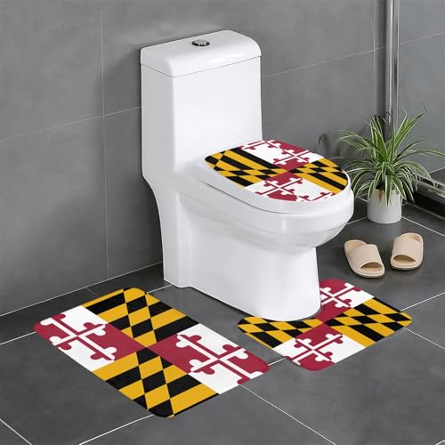 Maryland State Flag Print 3-teiliges Badezimmerteppich-Set, Badteppich, Badezimmermatten, U-förmiger WC-Vorleger, O-förmiger Deckelbezug von LEVNDIEJ