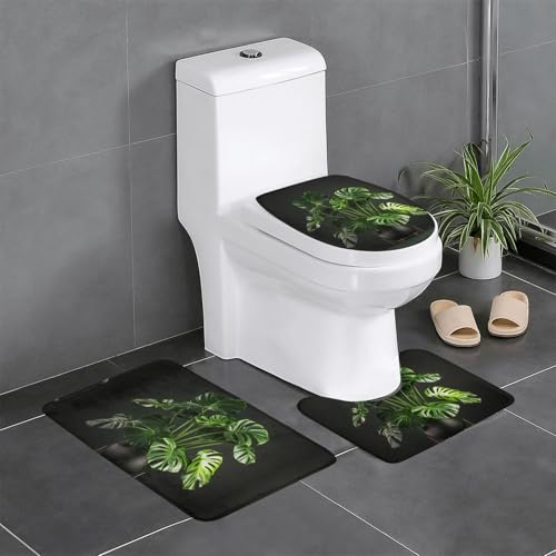 Monstera Deliciosa Bananenpalmen-Druck, 3-teiliges Badezimmerteppich-Set, Badvorleger, Badezimmermatten, U-förmiger Toilettenvorleger, O-förmiger Deckelbezug von LEVNDIEJ