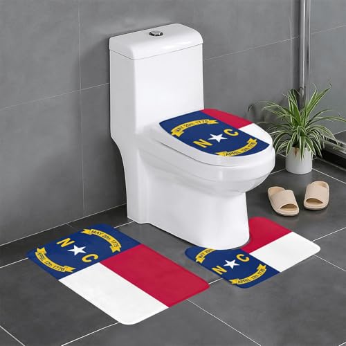 North Carolina 3-teiliges Badezimmerteppich-Set mit Staatsflaggen-Druck, Badteppich, Badezimmermatten, U-förmiger WC-Vorleger, O-förmiger Deckelbezug von LEVNDIEJ