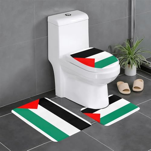 Palästina-Flaggen-Druck, 3-teiliges Badezimmerteppich-Set, Badteppiche, Badezimmermatten, U-förmiger WC-Vorleger, O-förmiger Deckelbezug von LEVNDIEJ