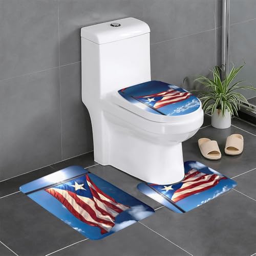 Puerto Rico Tapeten-Flaggen-Druck, 3-teiliges Badezimmerteppich-Set, Badteppiche, Badezimmermatten, U-förmiger WC-Vorleger, O-förmiger Deckelbezug von LEVNDIEJ