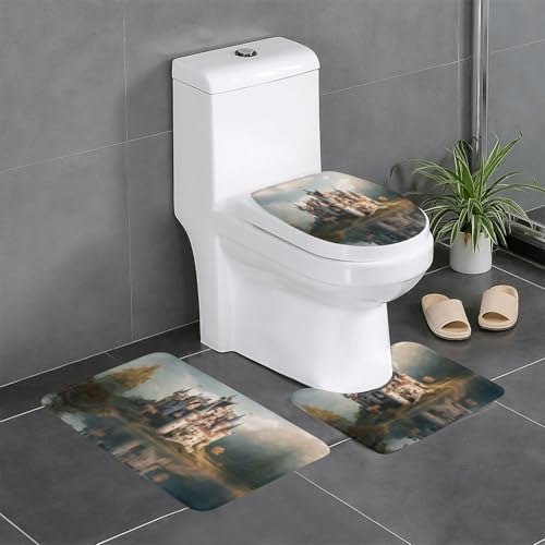Romantisches Märchenschloss02 3-teiliges Badezimmerteppich-Set, Badteppiche, Badezimmermatten, U-förmiger WC-Vorleger, O-förmiger Deckelbezug von LEVNDIEJ