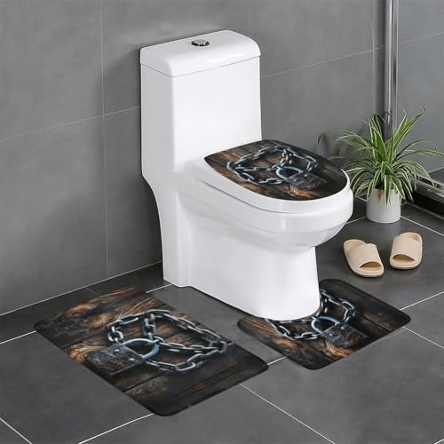 Rustikaler antiker Holztürdruck, 3-teiliges Badezimmerteppich-Set, Badteppiche, Badezimmermatten, U-förmiger WC-Vorleger, O-förmiger Deckelbezug von LEVNDIEJ