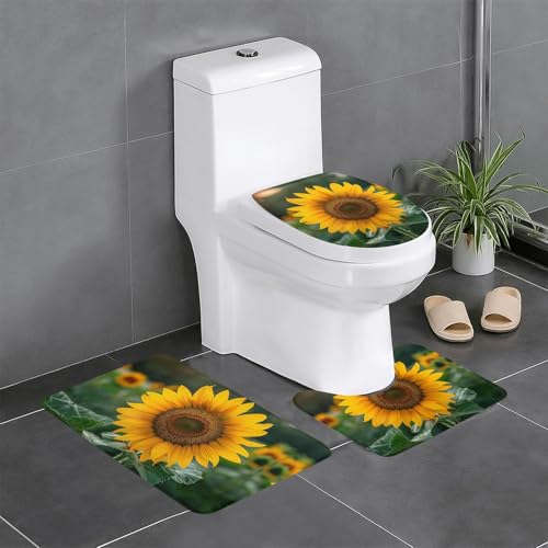 Schönes 3-teiliges Badezimmerteppich-Set mit Sonnenblumen-Druck, Badteppiche, Badezimmermatten, U-förmiger WC-Vorleger, O-förmiger Deckelbezug von LEVNDIEJ